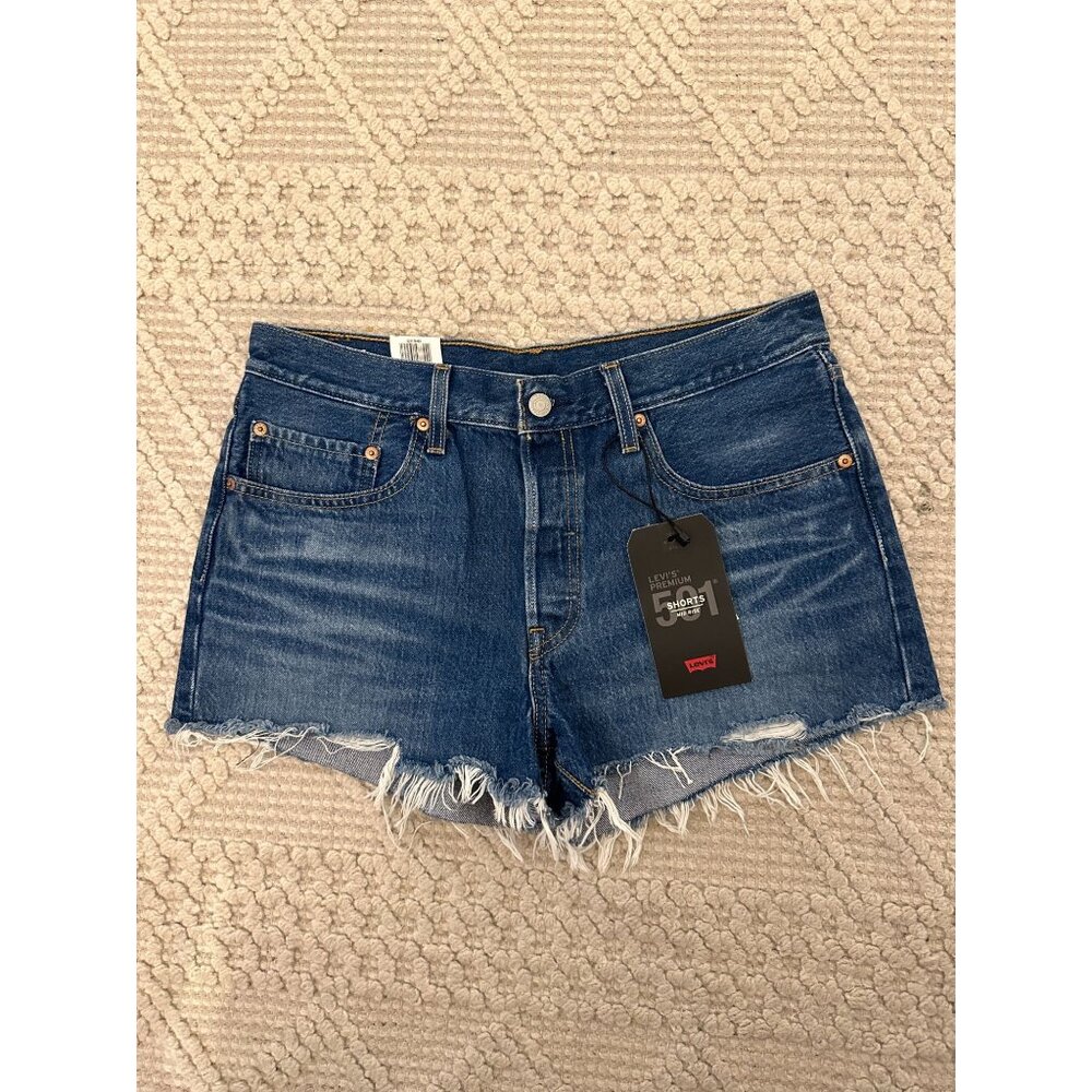 Levi's Women's 501 Mid Rise Denim Shorts Size 30 Button Fly Frayed Hem Blue Levi